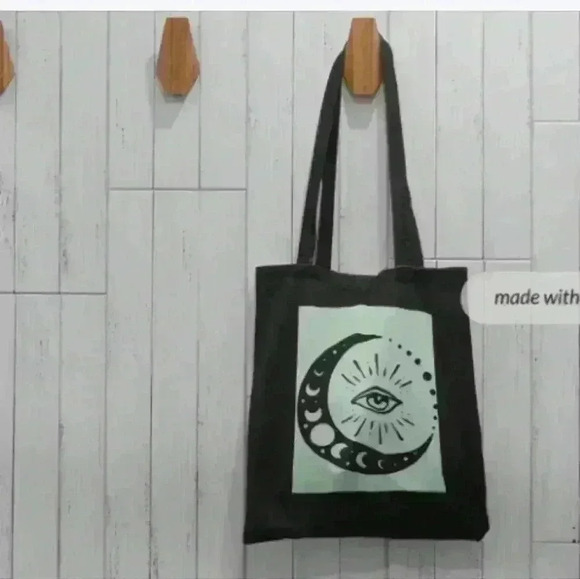 Moon and evil boho celestial seagrean and black recycled canvas tote bag - Picture 1 of 3